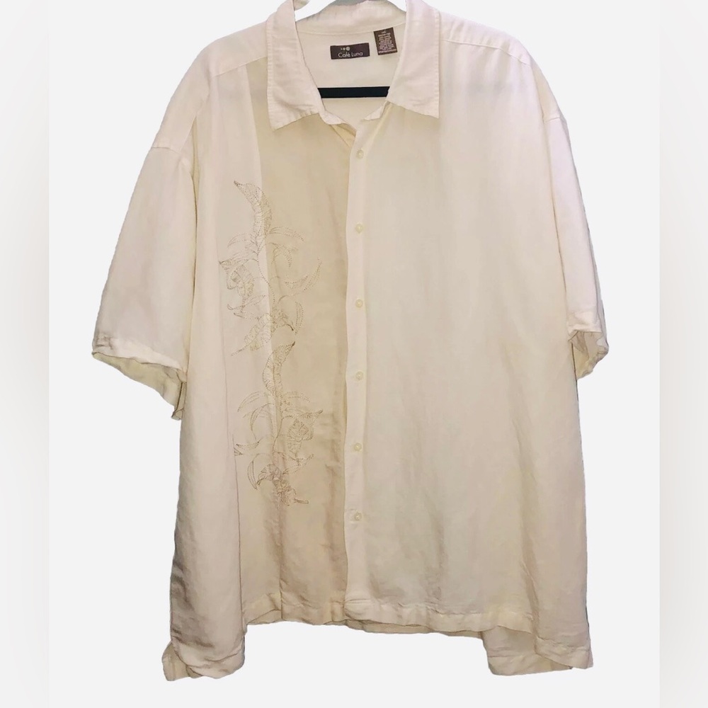 Cafe Luna Men’s 3XL Button Up Embroidered Camp Shirt Two Tone Beige Vacation